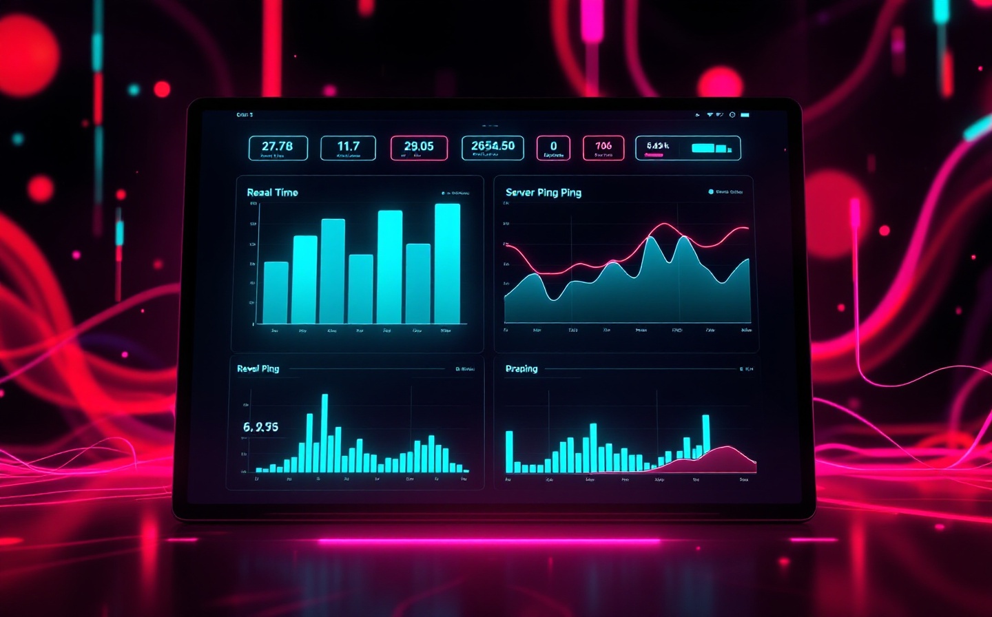 Dashboard interface displaying live server ping graphs, player capacity meters, and regional node status for German game networks